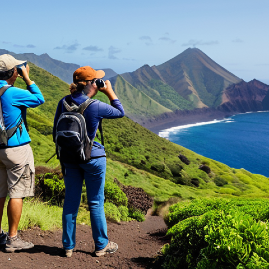 A diverse group of tourists, fully clothed in modest outdoor adventure gear, hiking a scenic trail on Saint Helena Island. They are observing endemic birds with binoculars, with the vast Atlantic Ocean and lush green volcanic hills in the background. The scene captures the essence of eco-tourism, showcasing the island's natural beauty and conservation efforts. Perfect anatomy, correct proportions, natural poses, well-formed hands, proper finger count, natural body proportions, professional photography, high quality, safe for work, appropriate content, family-friendly.