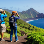 A diverse group of tourists, fully clothed in modest outdoor adventure gear, hiking a scenic trail on Saint Helena Island. They are observing endemic birds with binoculars, with the vast Atlantic Ocean and lush green volcanic hills in the background. The scene captures the essence of eco-tourism, showcasing the island's natural beauty and conservation efforts. Perfect anatomy, correct proportions, natural poses, well-formed hands, proper finger count, natural body proportions, professional photography, high quality, safe for work, appropriate content, family-friendly.