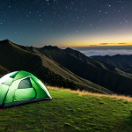Campsite at Diana's Peak National Park**

"A fully clothed hiker admiring a scenic vista from their campsite near Diana's Peak National Park in Saint Helena. The tent is pitched on a grassy plateau, overlooking rolling green hills. The night sky is visible, filled with stars. appropriate attire, safe for work, perfect anatomy, natural proportions, professional photography, landscape photography, high quality, modest, family-friendly."

**