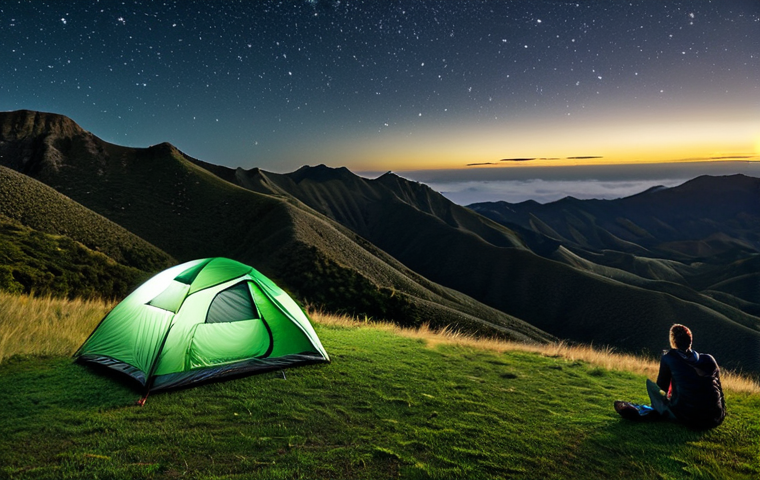 Campsite at Diana's Peak National Park**
"A fully clothed hiker admiring a scenic vista from their campsite near Diana's Peak National Park in Saint Helena. The tent is pitched on a grassy plateau, overlooking rolling green hills. The night sky is visible, filled with stars. appropriate attire, safe for work, perfect anatomy, natural proportions, professional photography, landscape photography, high quality, modest, family-friendly."
**
